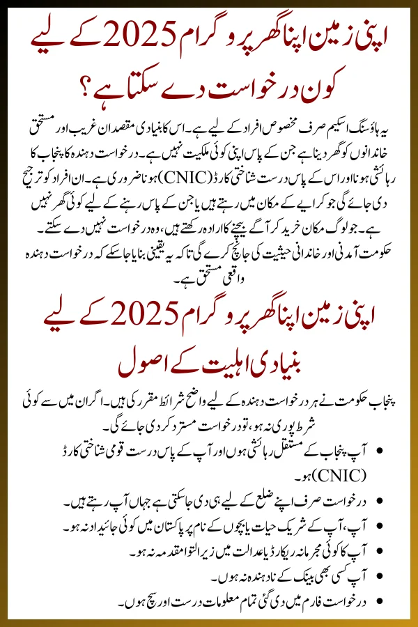 Eligibility Requirements for the Apni Zameen Apna Ghar Program 2025